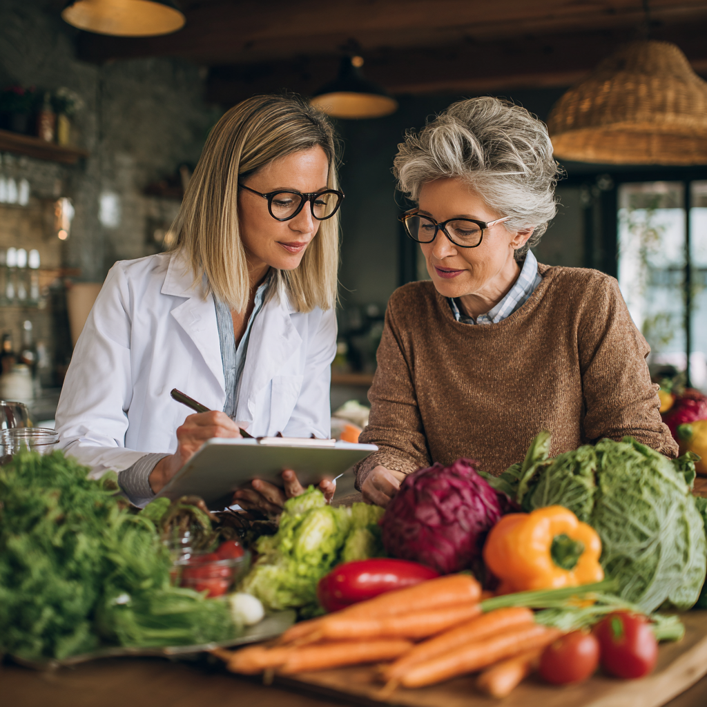 Middle-aged nutritionist consulting with mature client about healthy meal planning