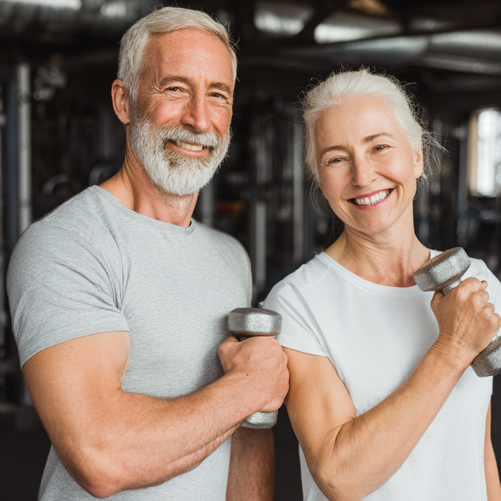 Satisfied mature clients showcasing healthy lifestyle achievements